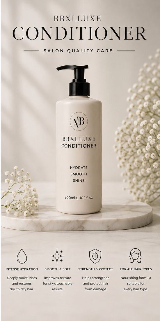 BBxLLuxe Conditioner — a white BBxLLuxe pump bottle on marble with soft florals