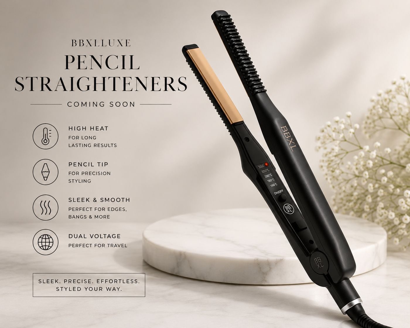 BBxLLuxe pencil straighteners in black and gold, resting on a marble pedestal