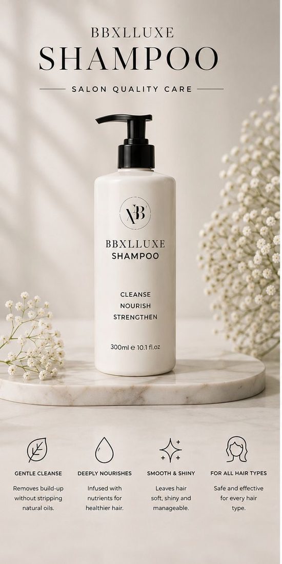 BBxLLuxe Shampoo — a white BBxLLuxe pump bottle on marble with soft florals